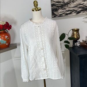 Sundance Floral Eyelet Embroidered Shirt Blouse Top Buttondown Ruffle XL